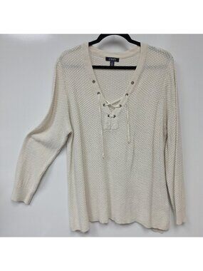 Chaps Sweater Womens 3X White Waffle Knit Lace Up V Neck Pullover Plus Size